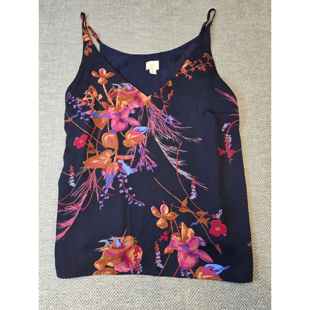 A New Day Camisole Top Women's Medium Navy Floral Print V Neck Adjustable Straps